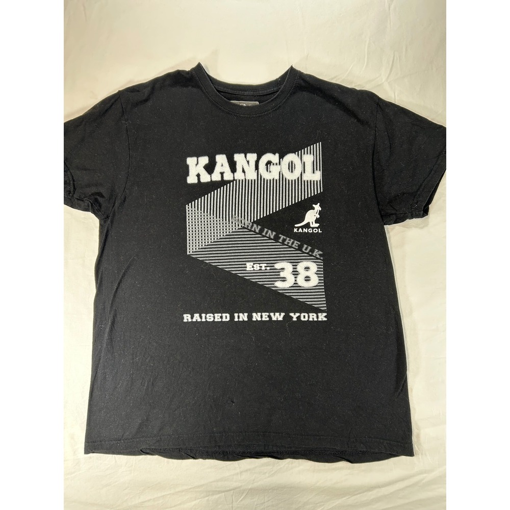 Y2K Vintage Kangol Men Graphic Shirt Black Lrg Born in UK Raised‎ in NY Cotton T